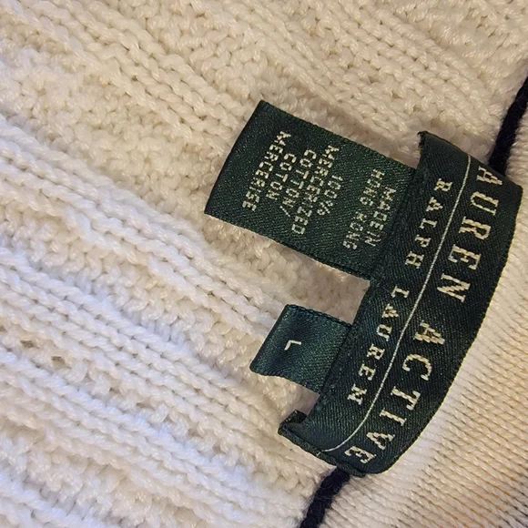 Ralph Lauren White V-Neck Sweater with Yellow and Navy Stripes - Picture 3 of 3